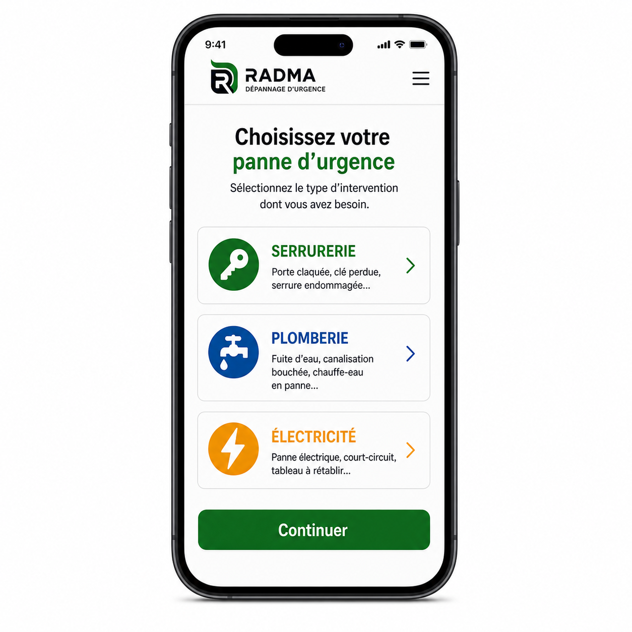 Choix de la panne d'urgence dans l'application RADMA