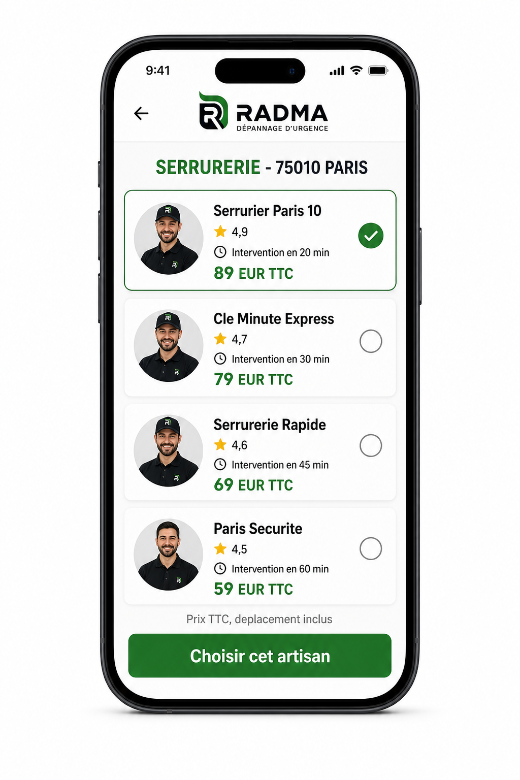Liste des artisans disponibles avec prix et délai d'intervention