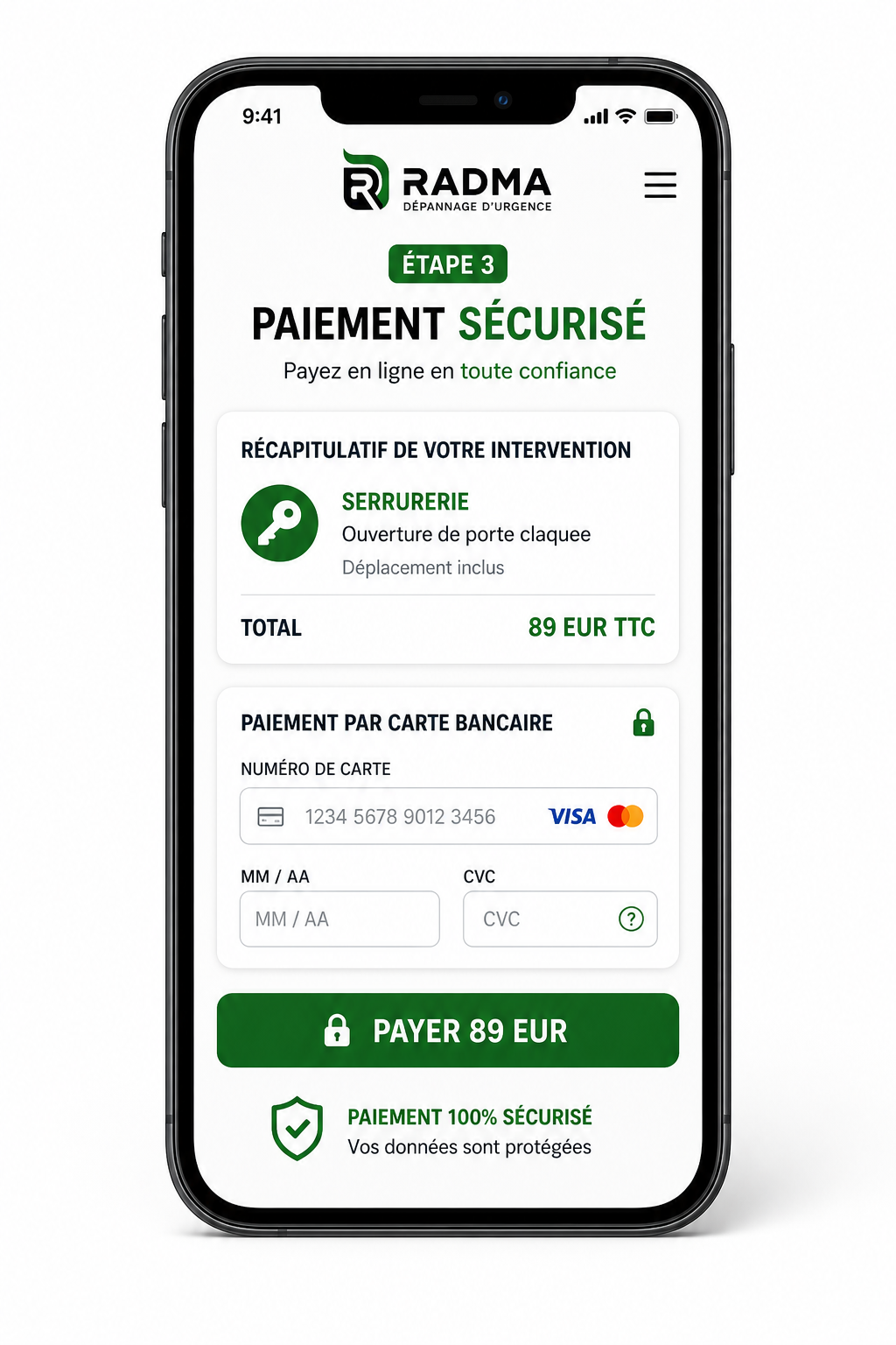 Paiement sécurisé avant l'intervention