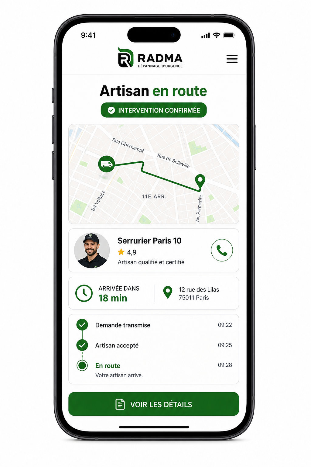 Suivi de l'artisan en route avec géolocalisation