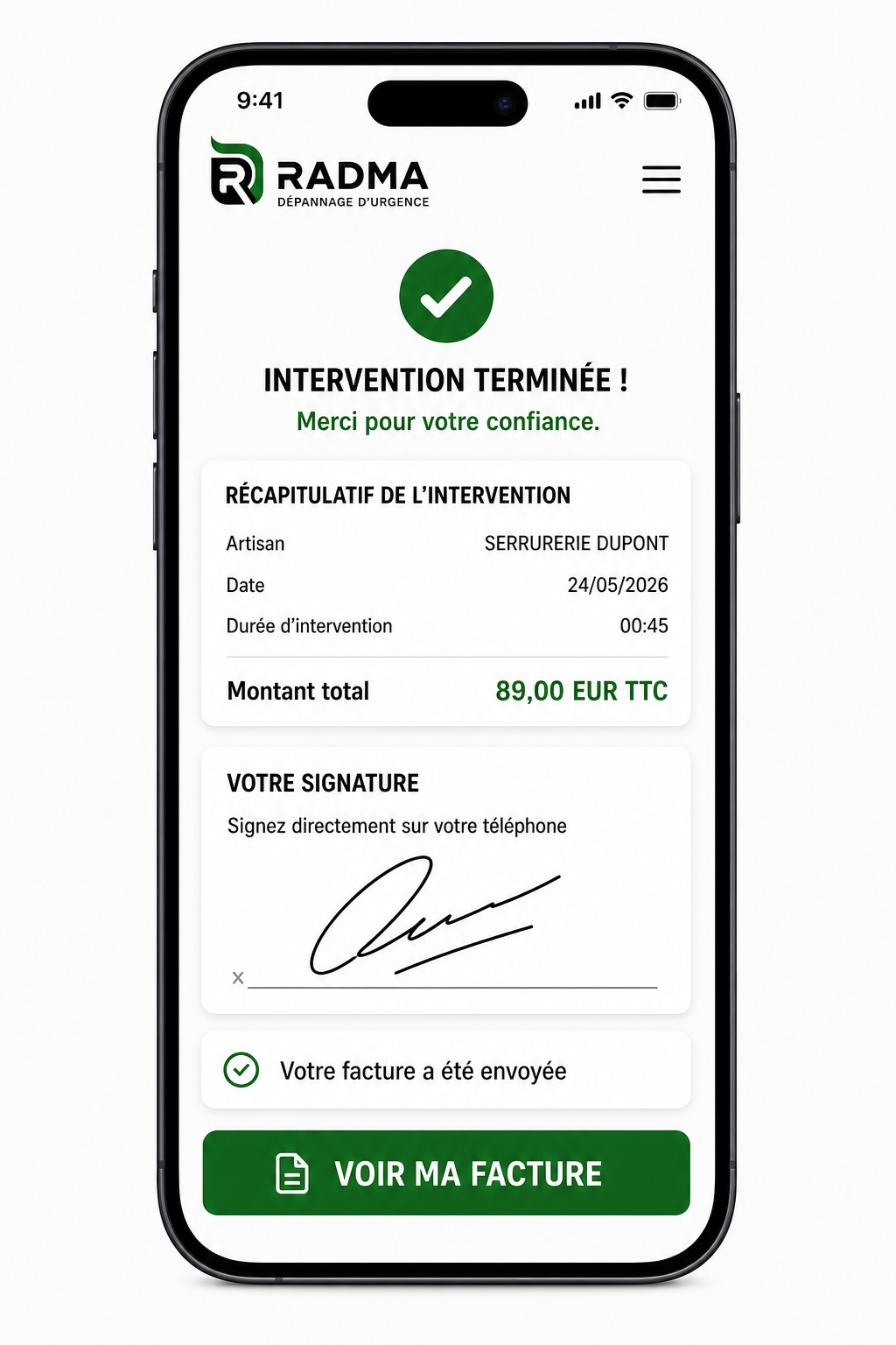 Intervention terminée avec facture disponible